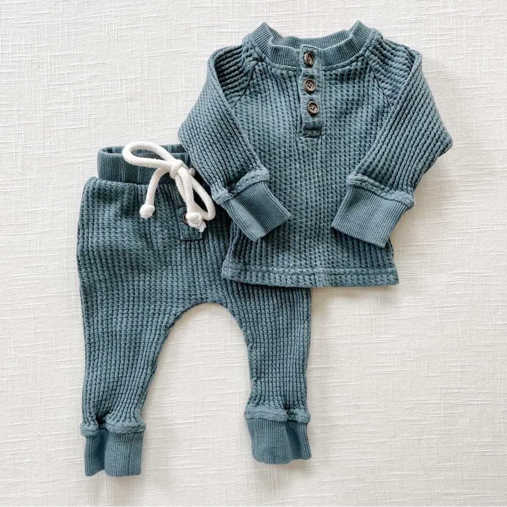 Jamie Kay baby boy organic cotton waffle Mason top and Oliver pant set “Harbour”